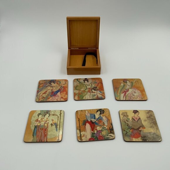 Set of 6 Vintage Japanese Geisha Coasters with Cork Back in Wooden Box - Picture 5 of 13